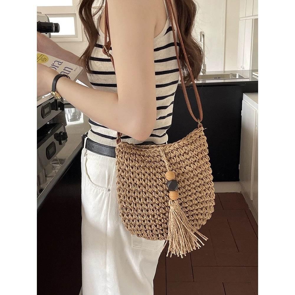 New Retro Tassel Woven Crossbody Bag for Women - Vintage Cotton Rope Shoulder Bag with Leather Strap & Zip Closure, 25cm Width