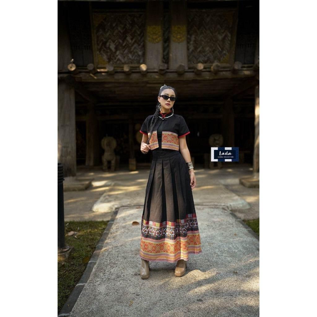 Chinese Miao Pattern Cotton Outfit - Stylish 2-Piece Wrap Top and Pleated Skirt Set in 4 Colors
