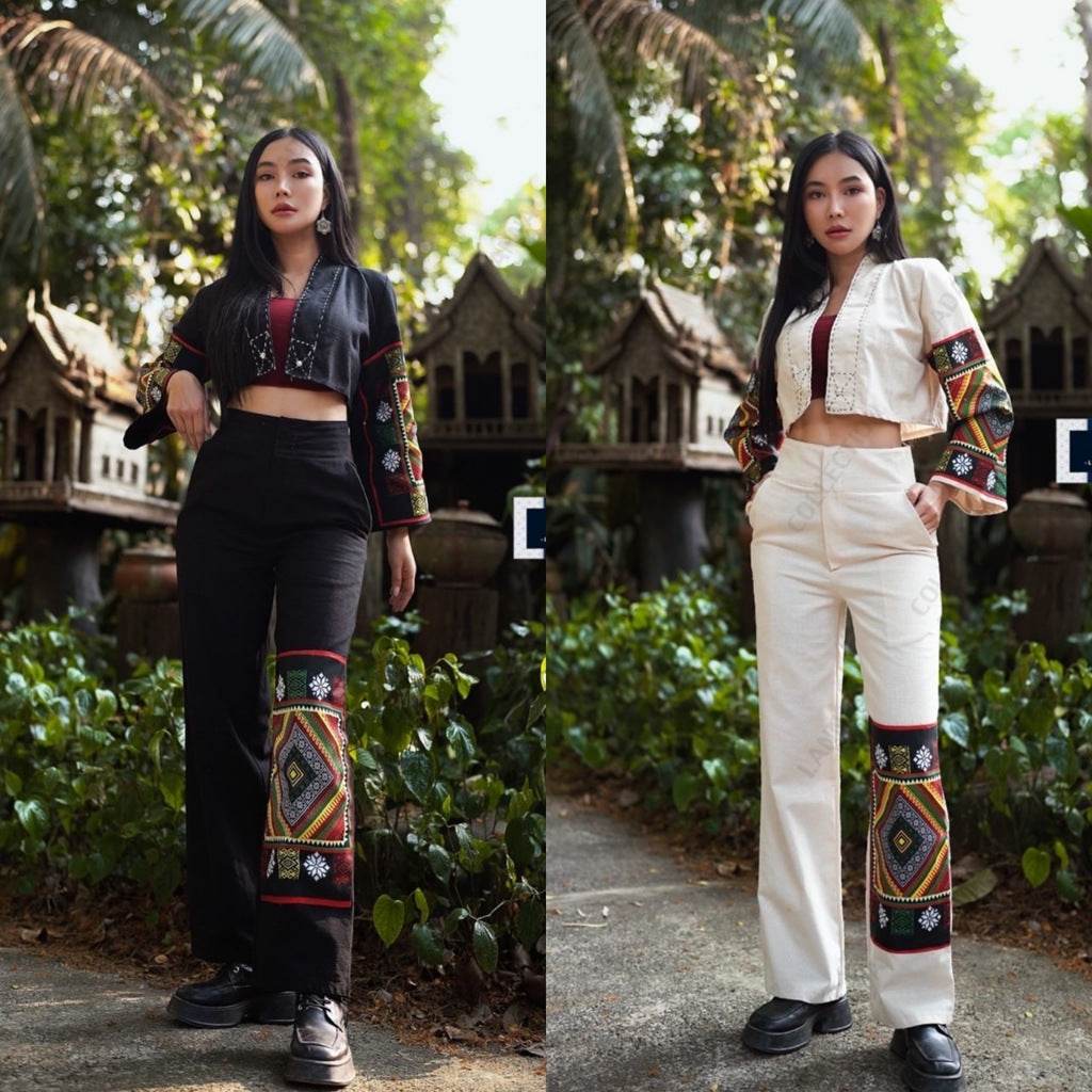New Black Tai Print Poly Set – Wrap Top &amp; Wide-Leg Pants in Cream &amp; Black | Women’s Stylish Outfit for Daily Wear One-Sake.com ดำ / L ดำ / S ดำ / M ดำ / S-ดำ / M-ดำ / L-ดำ / XL-ครีม / S-ครีม / M-ครีม / L-ครีม / XL-