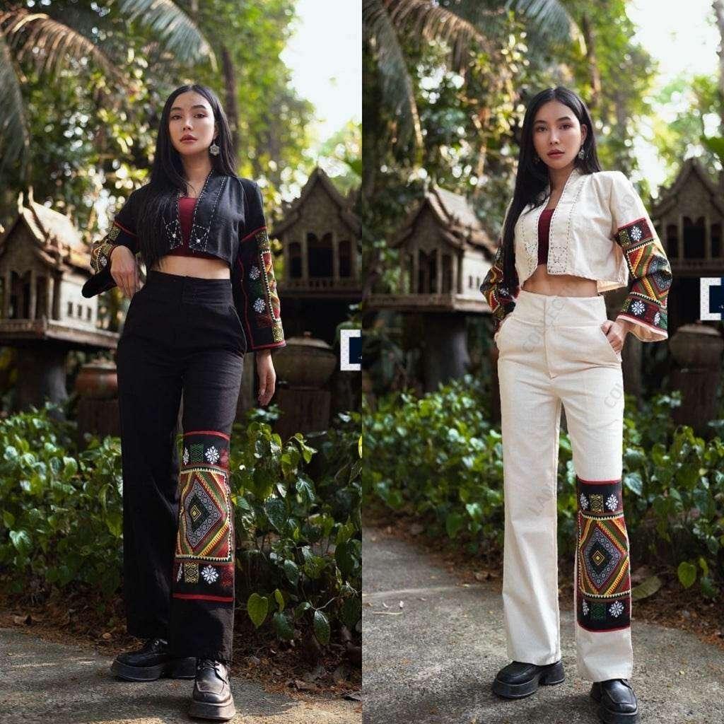 New Black Tie Print Poly Set - Stylish Wrap Top & Wide-Leg Pants in Cream & Black for Women's Daily Wear