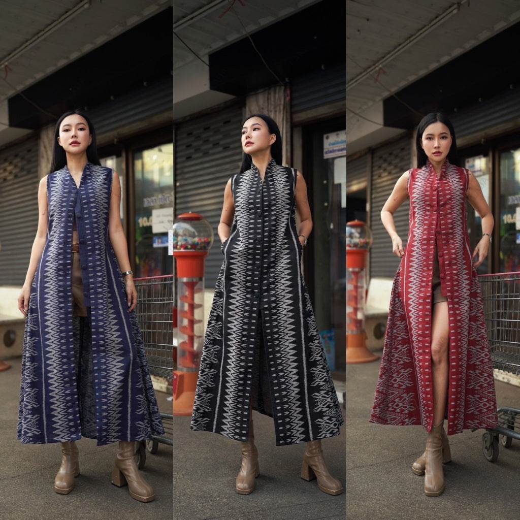 New Long Fishbone Print Cotton Wrap Coat – Two Sizes Available | 50 Inch Length with Front Buttons for Women One-Sake.com กรม / อก32-36 แดง / อก32-36 แดง / อก38-40 แดง / อก32-36-แดง / อก38-40-กรม / อก32-36-กรม / อก38-40-ดำ / อก32-36-ดำ / อก38-40-