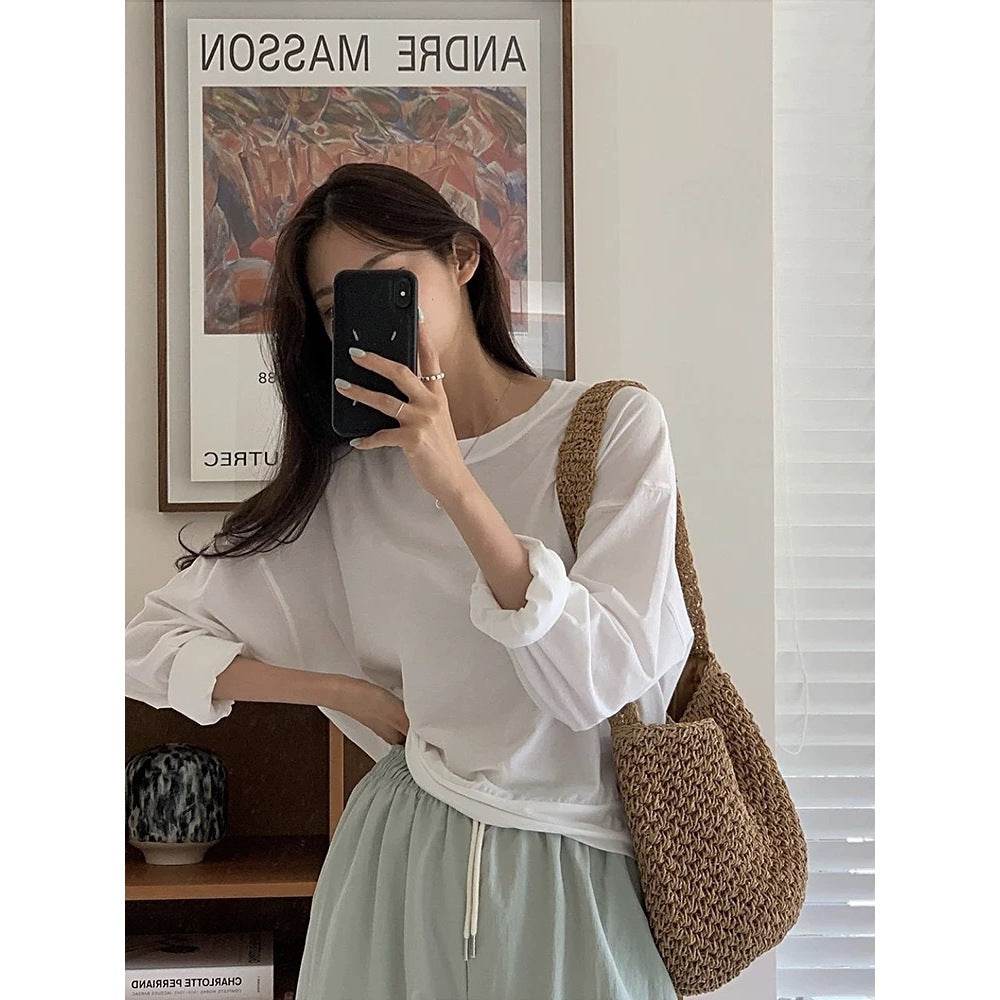 New Korean Style Handwoven Shoulder Bag – Compact Cotton Rope Tote with 35cm Strap | 28cm Width Woven Basket Bag for Daily Wear One-Sake.com สีกากี สีขาวนวล สีกากี-สีขาวนวล-