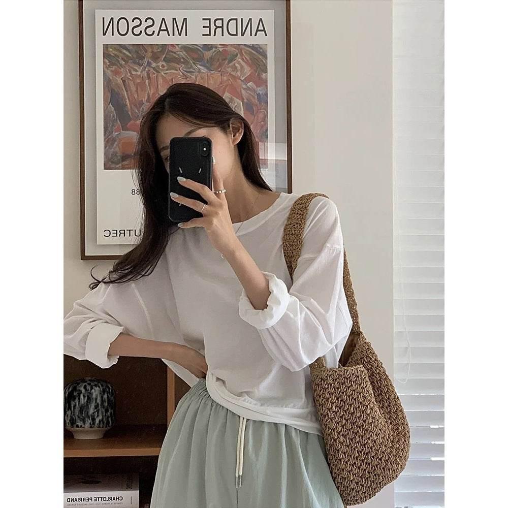 New Korean Handwoven Shoulder Bag – Compact Cotton Rope Tote with 35cm Strap | 28cm Everyday Woven Basket Bag