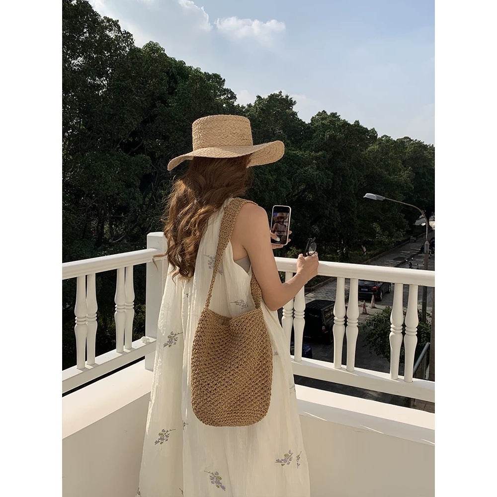 New Korean Style Handwoven Shoulder Bag – Compact Cotton Rope Tote with 35cm Strap | 28cm Width Woven Basket Bag for Daily Wear One-Sake.com สีกากี สีขาวนวล สีกากี-สีขาวนวล-