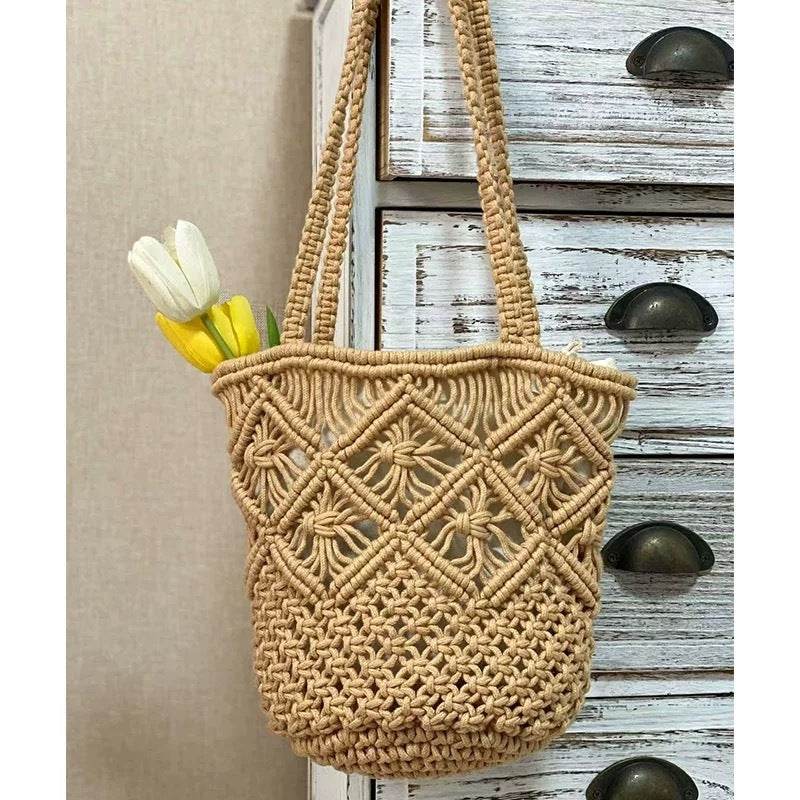 New Korean Style Handwoven Ladies Bag – Cotton Wicker Tote with Inner Pocket | Shoulder Size 28cm for Women One-Sake.com สีกากี สีขาวนวล สีกากี-สีขาวนวล-