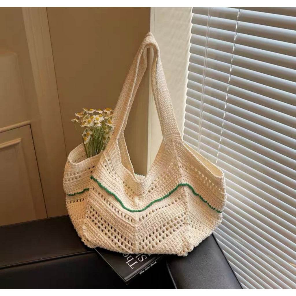New Korean Style Crochet Shoulder Bag – Large Handmade Cotton Rope Tote | 33cm x 28cm with 58cm Strap One-Sake.com black green red green-red-black-