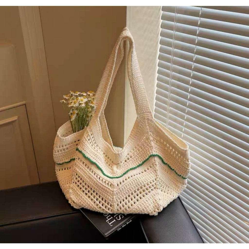 New Korean Style Crochet Tote Bag - Large Handmade Cotton Shoulder Bag 33cm x 28cm with 58cm Strap green
