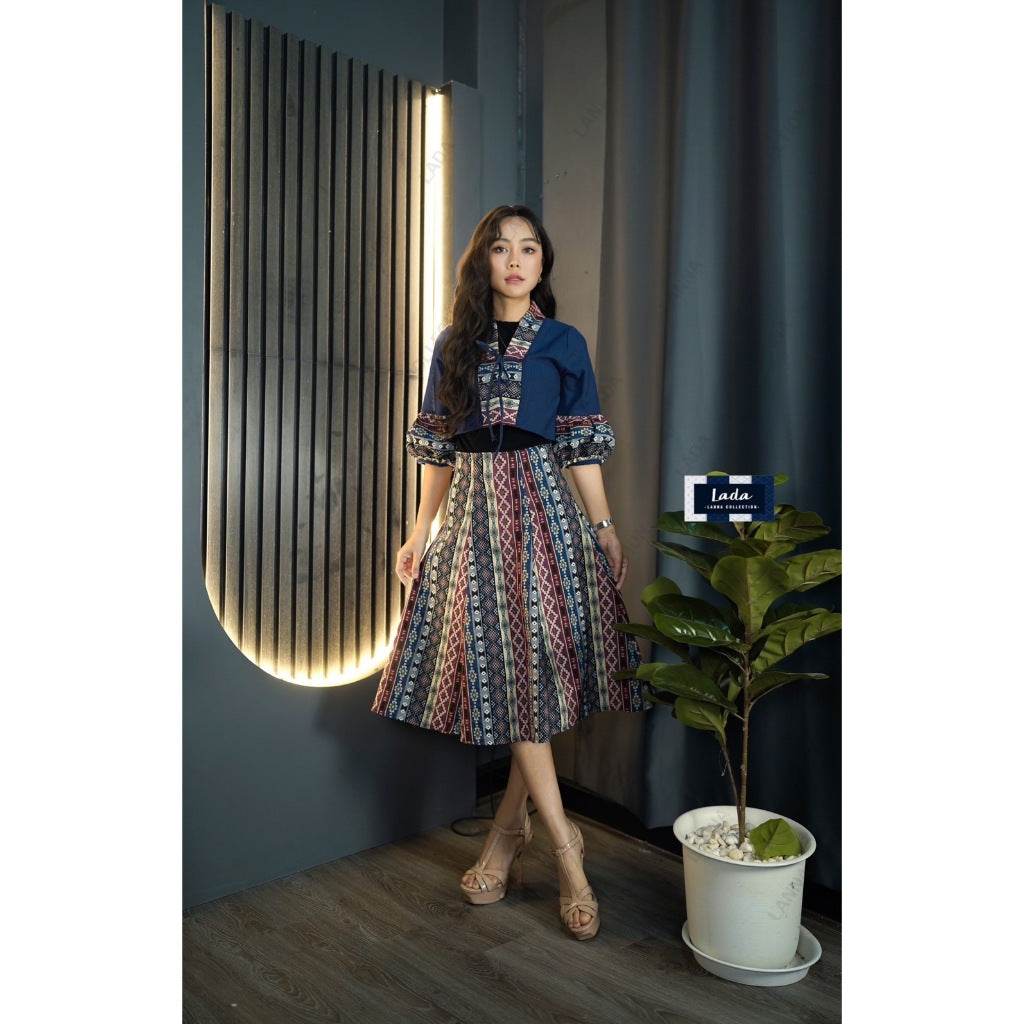 New Woven Wrap Top &amp; 6-Piece Checkerboard Skirt Set – Navy Blue | Ethnic Cotton Outfit for Women in S–XL Sizes One-Sake.com L S M S-M-L-XL-