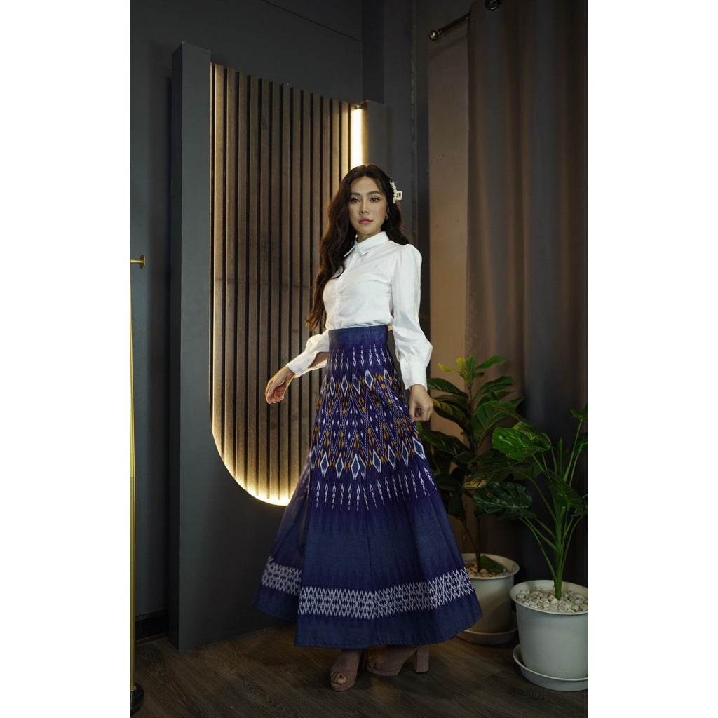 White Shirt &amp; 8-Piece Khao Lam Duan Print Skirt Set – Traditional Thai Cotton Outfit | S–XL Sizes for Women One-Sake.com L S M S-M-L-XL-