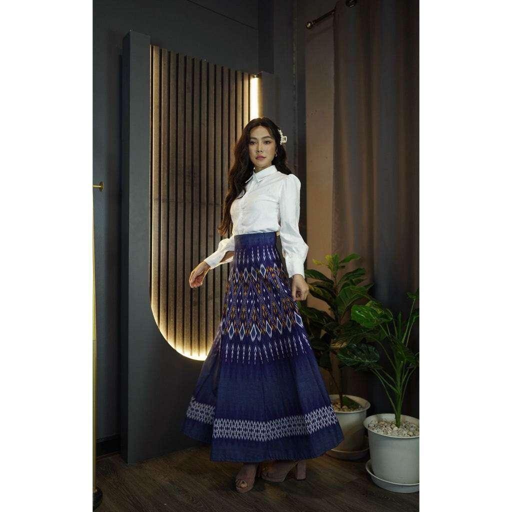 White Shirt & 8-Piece Khao Lam Duan Print Skirt Set - Traditional Thai Cotton Outfit for Women in S–XL Sizes