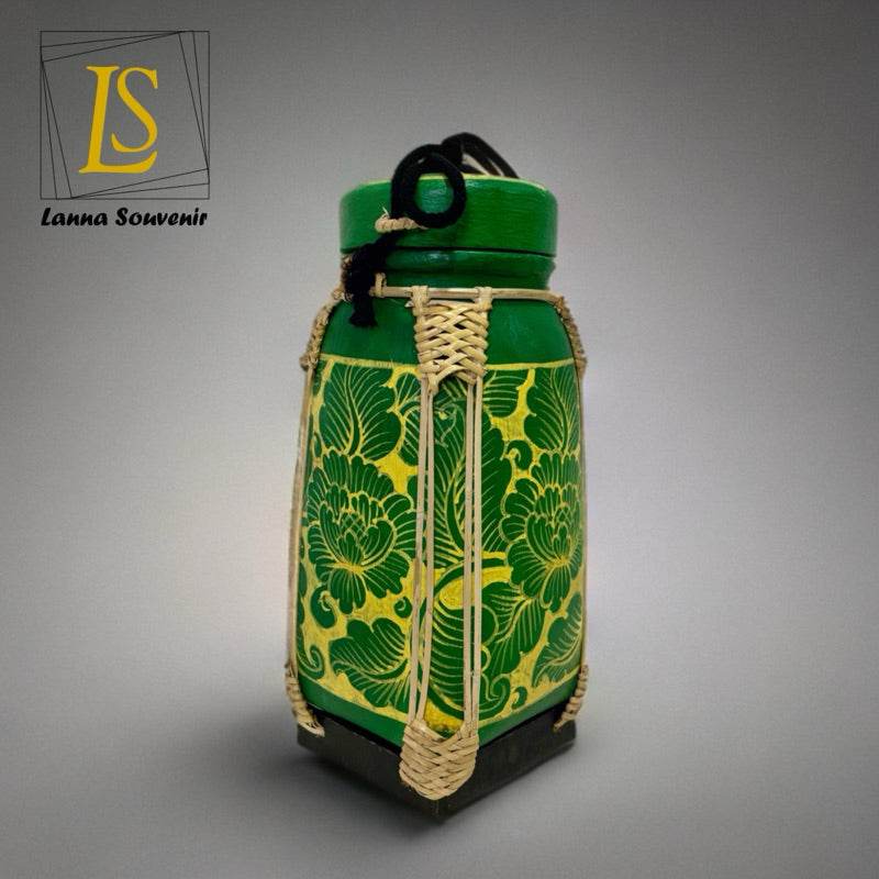 Handmade lanna bamboo rice box with green and yellow floral design by One-Sake.com