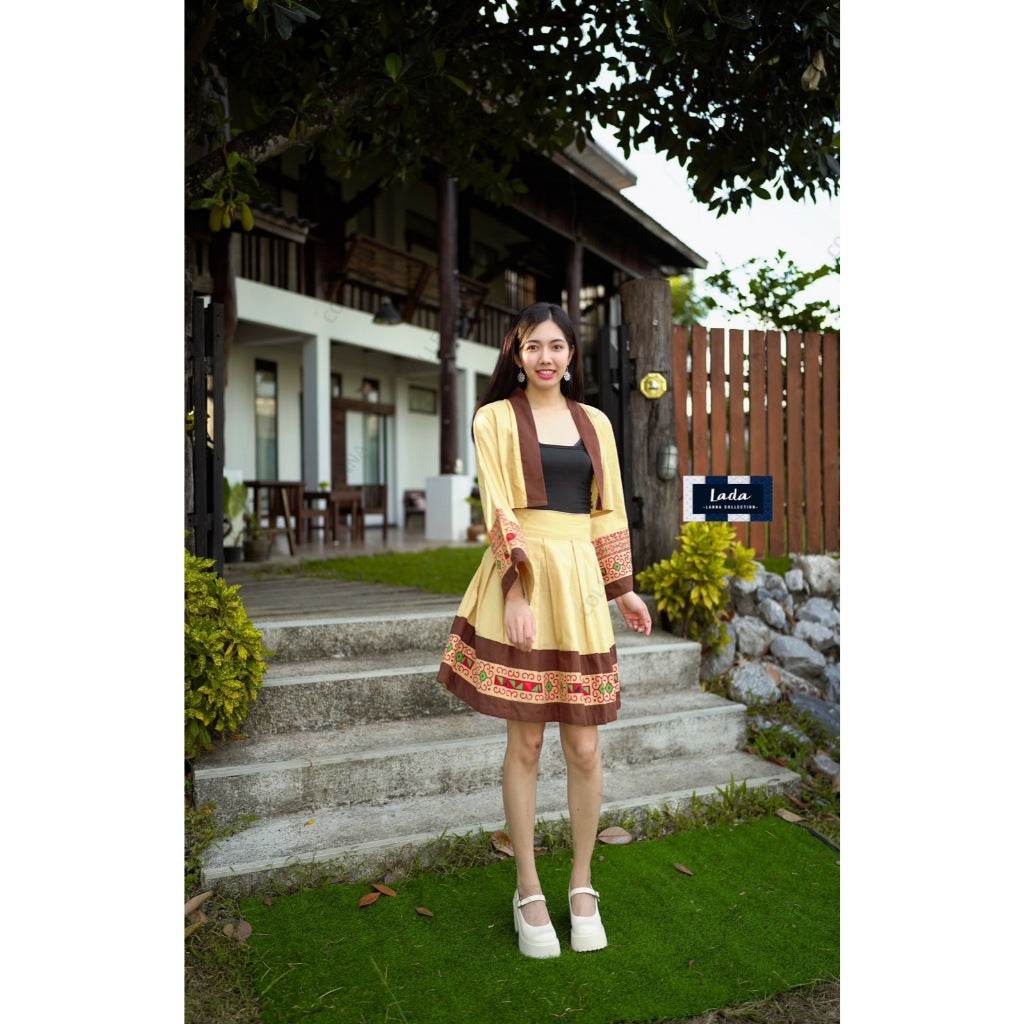 New Cream &amp; Brown Bow Collar Crop Top Set with Short Skirt – Cotton Fabric | S–XL Sizes for Women One-Sake.com L S M S-M-L-XL-