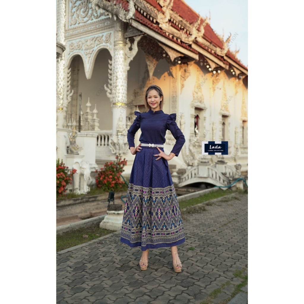 Thai Borom Phiman Cape Sleeve Blouse &amp; Pleated Skirt Set – Indigo, Pink, Wine Red &amp; Yellow | Traditional Cotton Outfit with Khit Footprint Pattern One-Sake.com เหลือง / L เหลือง / S เหลือง / M เหลือง / S-เหลือง / M-เหลือง / L-เหลือง / XL-กรม / S-กรม / M-กรม / L-กรม / XL-แดงไวน์ / S-แดงไวน์ / M-แดงไวน์ / L-แดงไวน์ / XL-ชมพู / S-ชมพู / M-ชมพู / L-ชมพู / XL-