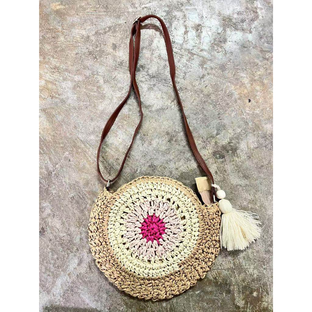 Retro Style Handwoven Bag for Women – Cute Tassel &amp; Leather Strap | Small Cotton Rope Crossbody Bag with Adjustable Strap One-Sake.com green khaki pink khaki-pink-green-