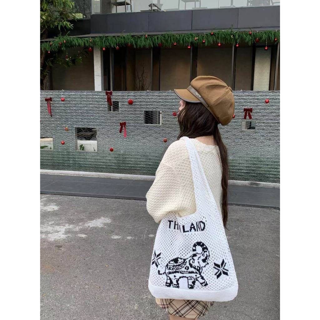 Elephant Pattern Woven Shoulder Bag – Handmade Cotton Rope Tote for Women | 38cm x 40cm with 30cm Strap One-Sake.com khaki white white off white-white off-khaki-