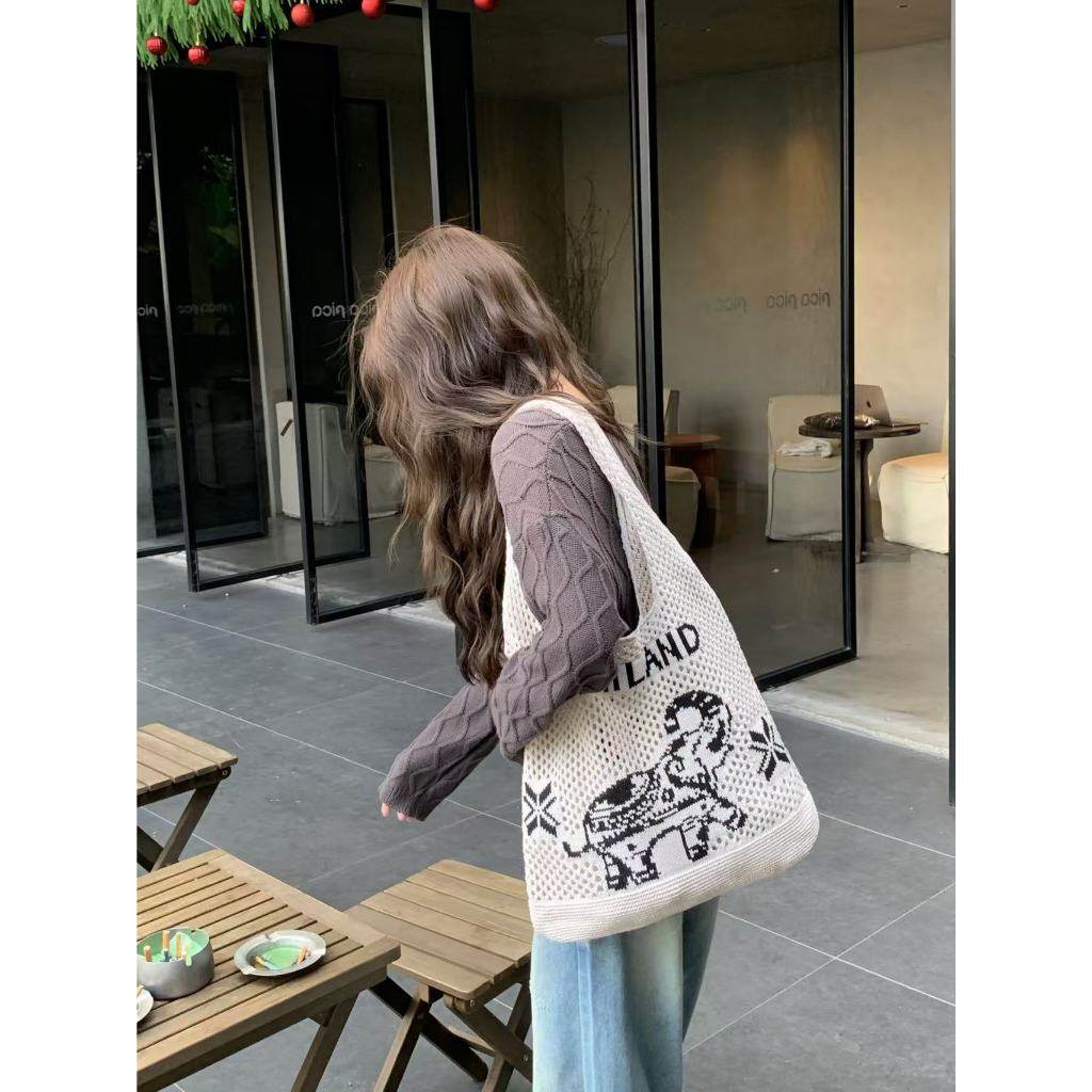 Elephant Pattern Woven Shoulder Bag – Handmade Cotton Rope Tote for Women | 38cm x 40cm with 30cm Strap One-Sake.com khaki white white off white-white off-khaki-