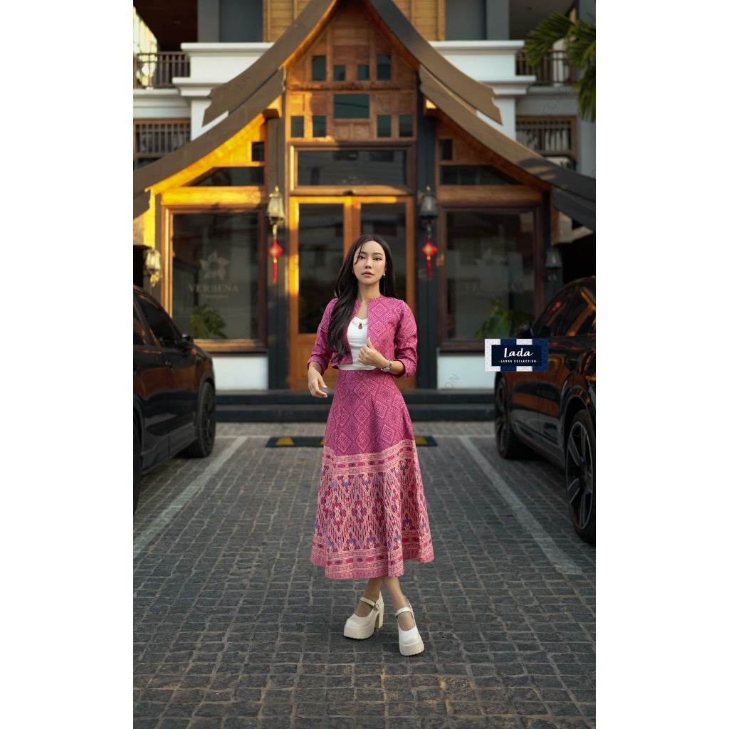 New Arrival: Cotton Wrap Blouse &amp; Skirt Set with Khit Print &amp; Short Hem | Traditional Lanna Style in 2 Colors One-Sake.com ชมพู / L ชมพู / S ชมพู / M ชมพู / S-ชมพู / M-ชมพู / L-ชมพู / XL-เหลือง / S-เหลือง / M-เหลือง / L-เหลือง / XL-