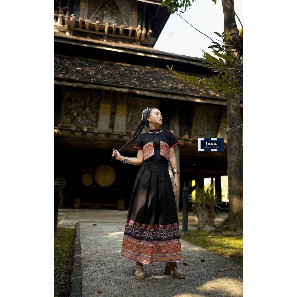 Hmong-Inspired Cotton Set - Stylish 2-Piece Wrap Top & Pleated Skirt for Women in S–XL Sizes