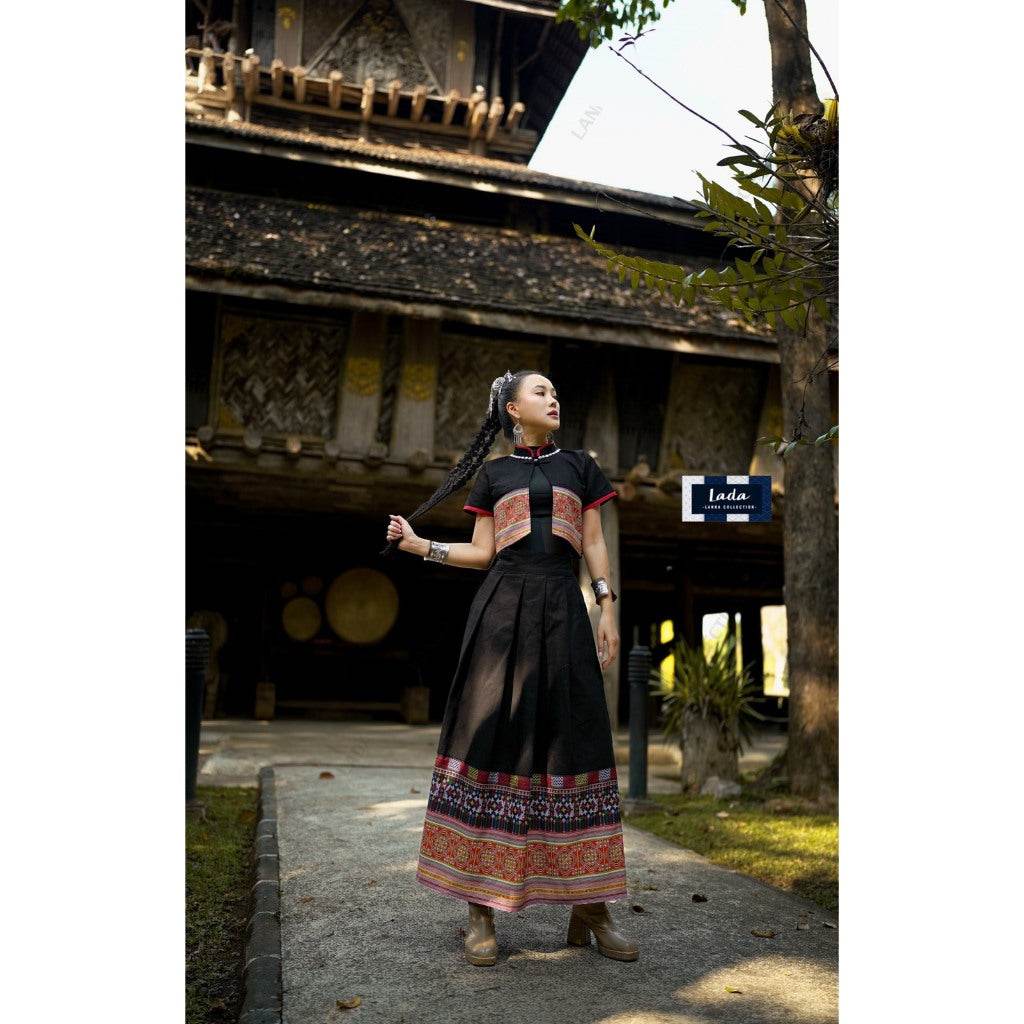 Chinese Miao Pattern Cotton Wrap Top &amp; Pleated Skirt Set – 4 Colors | Flattering 2-Piece Outfit for Women One-Sake.com L S M S-M-L-XL-