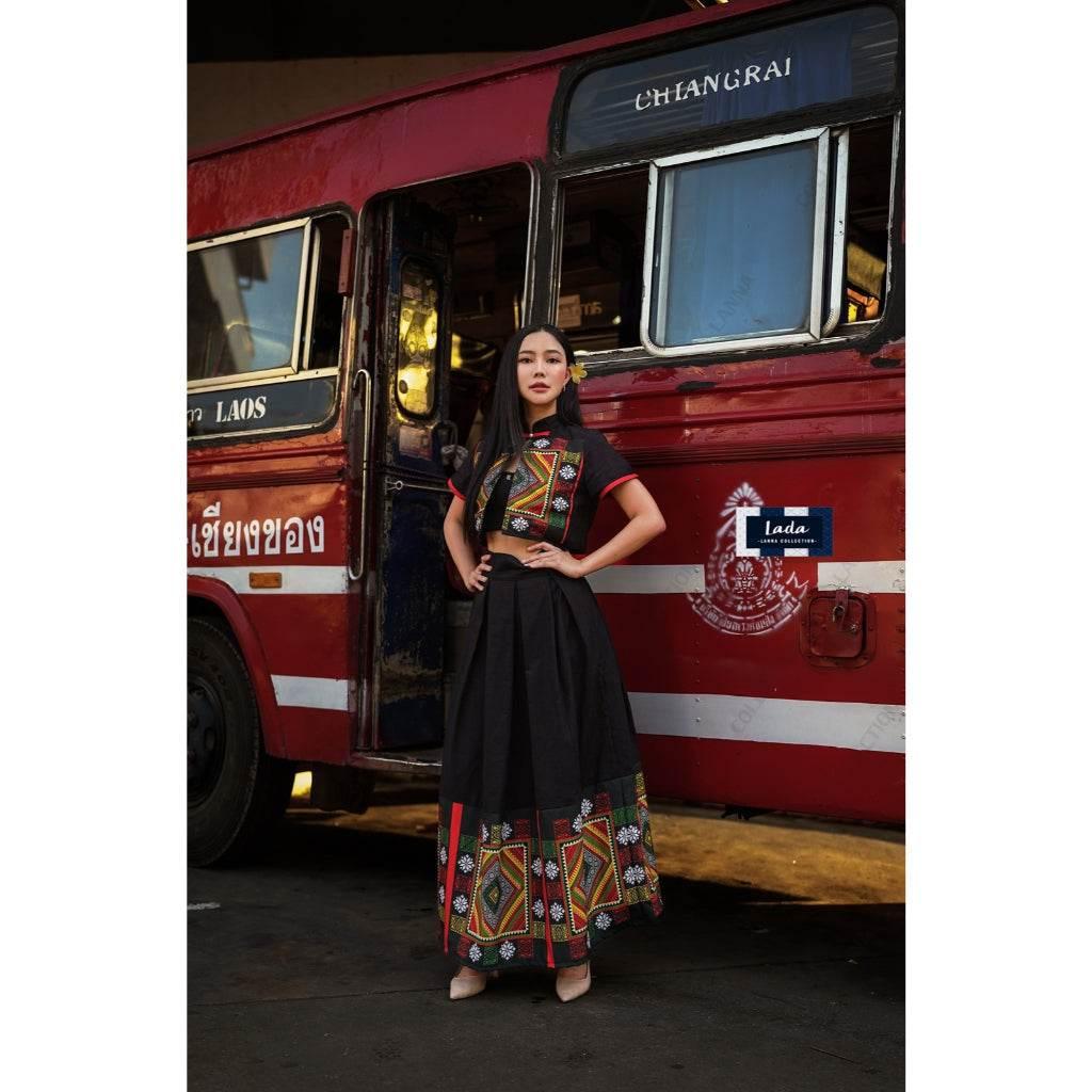 New Black Thai Pattern Cotton Set - Mandarin Collar Top & Skirt in Cream & Black | Women's Sizes S–XL ดำ