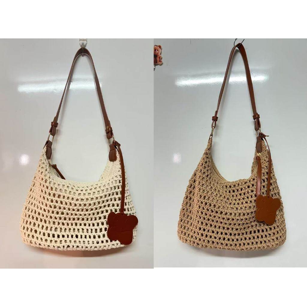 New Korean Crochet Cotton Rope Bag for Women – Handmade with Tassel Charm | Compact Crossbody Bag in 18x26cm Size One-Sake.com white off khaki white off-khaki-