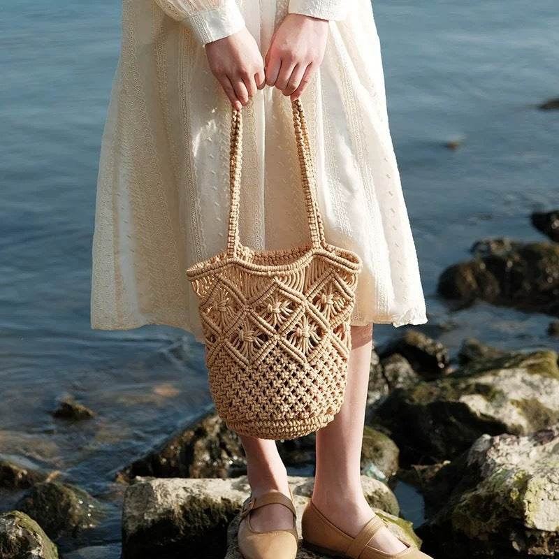 New Korean Style Handwoven Ladies Bag – Cotton Wicker Tote with Inner Pocket | Shoulder Size 28cm for Women One-Sake.com สีกากี สีขาวนวล สีกากี-สีขาวนวล-