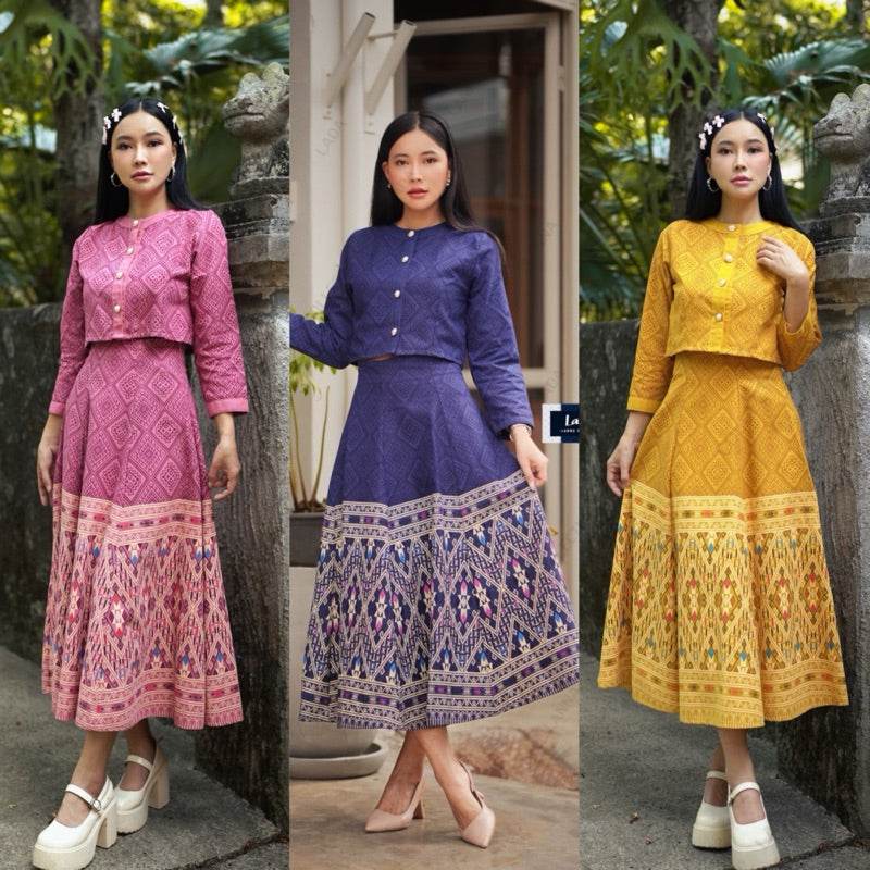 New Arrival: Cropped Wrap Blouse &amp; 6-Piece Khit Print Skirt Set | Stylish Cotton Outfit in 3 Colors One-Sake.com กรม / L กรม / S กรม / M กรม / S-กรม / M-กรม / L-กรม / XL-ชมพู / S-ชมพู / M-ชมพู / L-ชมพู / XL-เหลือง / S-เหลือง / M-เหลือง / L-เหลือง / XL-