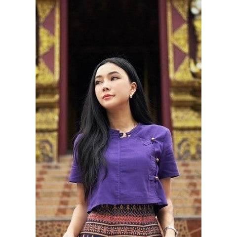 New Tai Yai Cotton Blouse | Traditional Thai Top for Women in 5 Colors, Sizes S–XL ม่วง