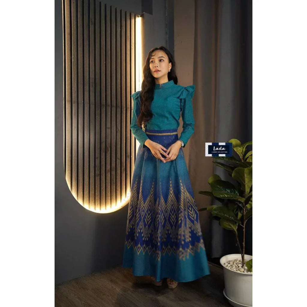 New Pine Pattern Cotton Set - 8-Piece Wing Sleeve Top & Light Purple Ocean Blue Skirt for Women in S–XL Sizes