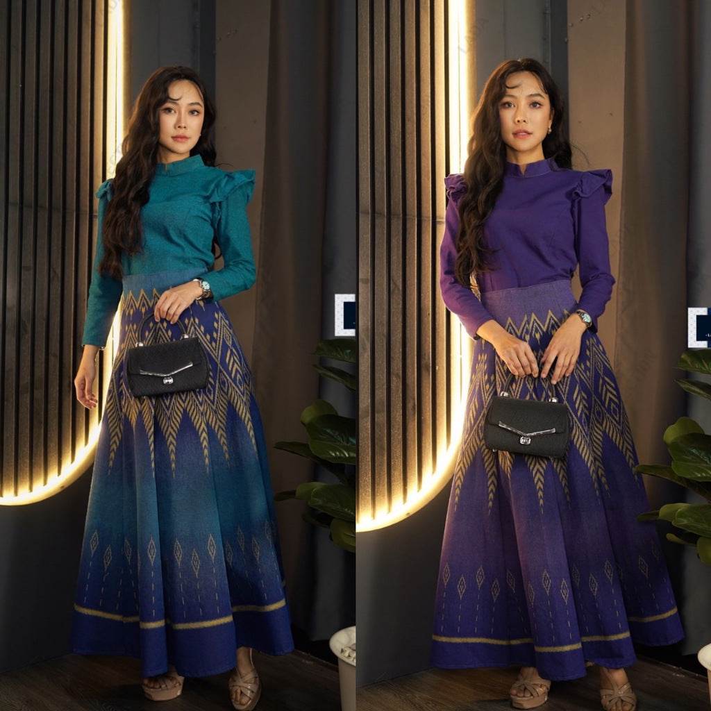 New Pine Pattern 8-Piece Pleated Skirt Set with Wing Sleeve Top – Deep Purple &amp; Navy Blue Cotton Outfit for Women S–XL One-Sake.com ม่วงเข้ม / L ม่วงเข้ม / S ม่วงเข้ม / M ม่วงเข้ม / S-ม่วงเข้ม / M-ม่วงเข้ม / L-ม่วงเข้ม / XL-น้ำเงินเข้ม / S-น้ำเงินเข้ม / M-น้ำเงินเข้ม / L-น้ำเงินเข้ม / XL-