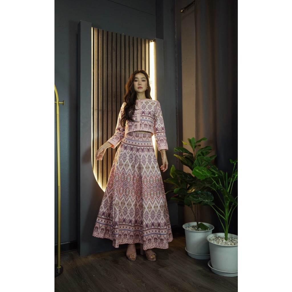 Pearl Trim Wrap Blouse Set with 6-Piece Pleated Skirt in Wine Red, Pink, Peach - Elegant Cotton Outfit for Women
