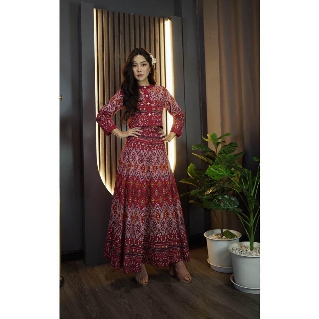 Pearl Trim Wrap Blouse Set with 6-Piece Pleated Skirt in Wine Red, Pink, Peach - Elegant Cotton Outfit for Women แดงไวน์