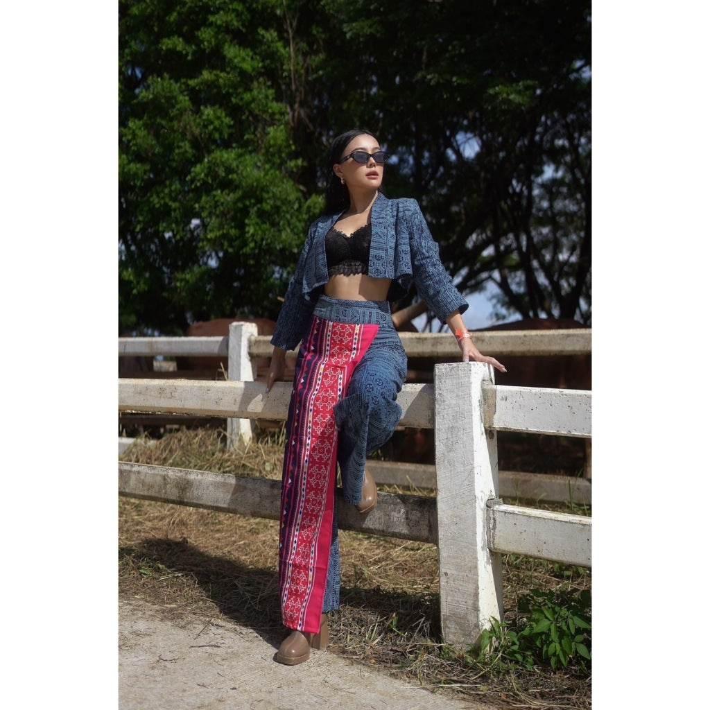 Batik-Inspired Women Outfit: Cotton Wrap Top and High-Waisted Pants Set in S–XL Sizes with Embroidered Ethnic Print