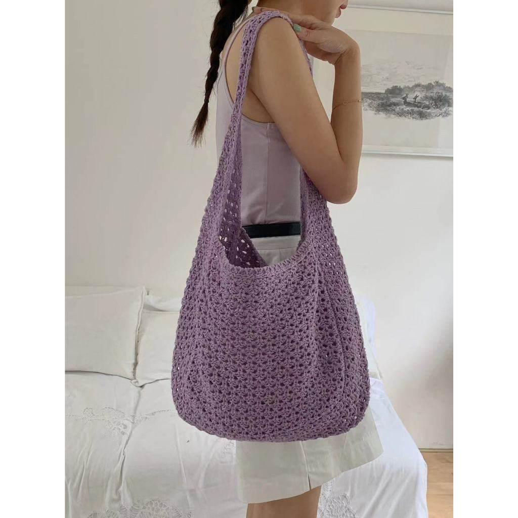 New Korean Handwoven Crossbody Bag - Adjustable Cotton Rope Shoulder Bag for Women, 23x29cm purple