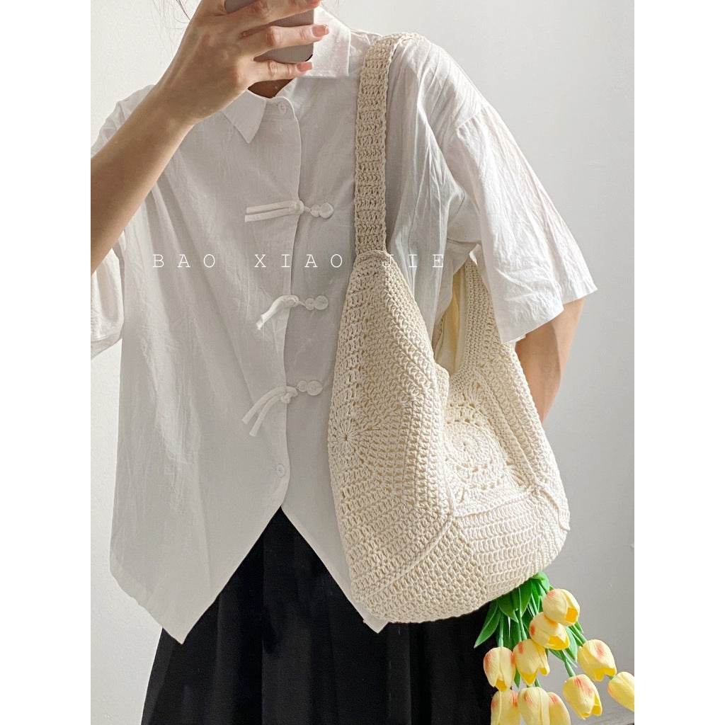 Handwoven Cotton Tote Bag for Women – Eco-Friendly Natural Fiber Shoulder Bag | 27cm x 38cm with Adjustable Strap One-Sake.com khaki white off khaki-white off-