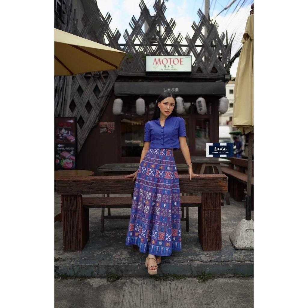 New Hmong-Inspired Cotton 2-Piece Set: Collar Short Sleeve Top & 6-Piece Pleated Skirt in Navy, Lilac & Red | Women’s Sizes S–XL