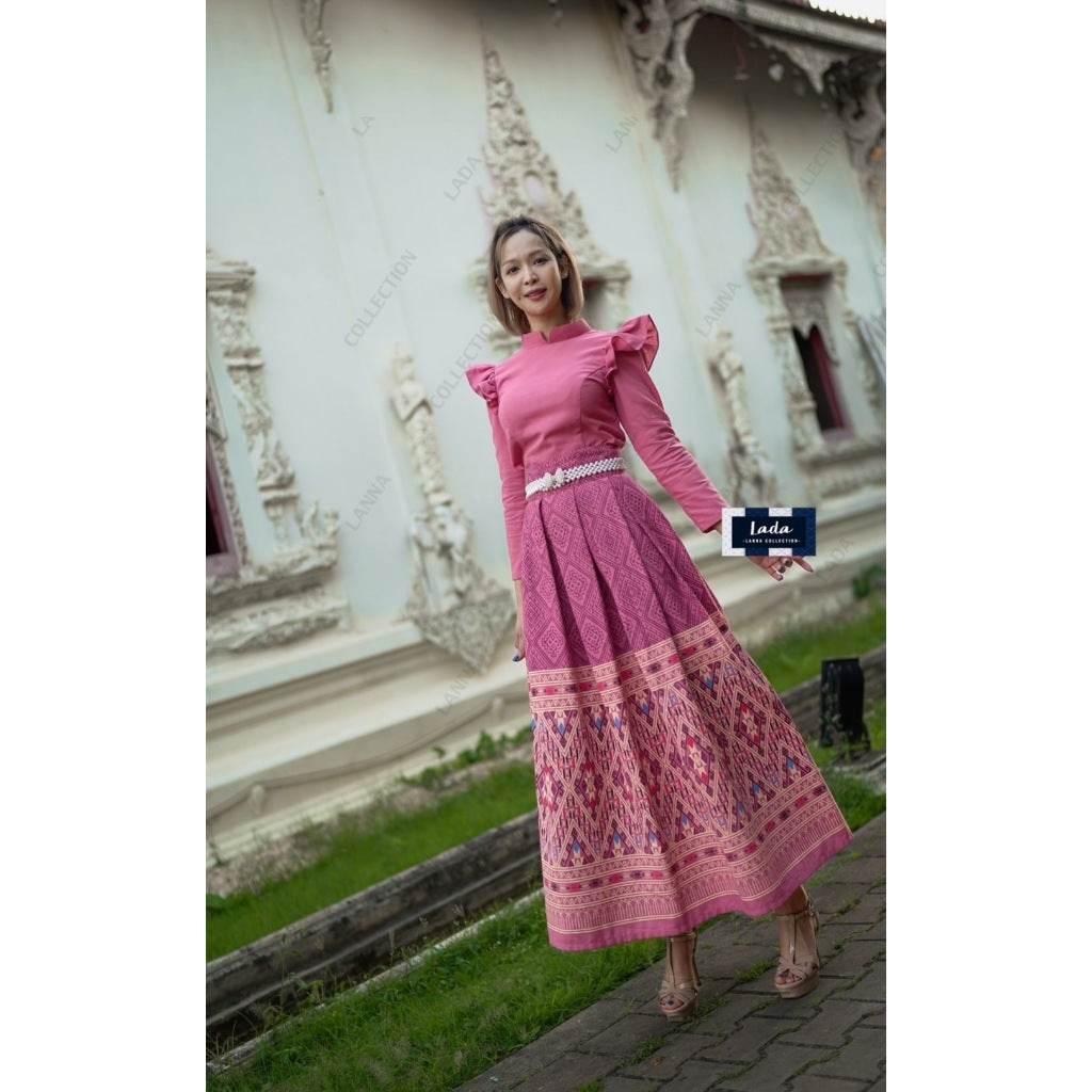 Thai Traditional Cotton Outfit - Borom Phiman Cape Sleeve Blouse & Pleated Skirt Set in Indigo, Pink, Wine Red & Yellow with Khit Footprint Design