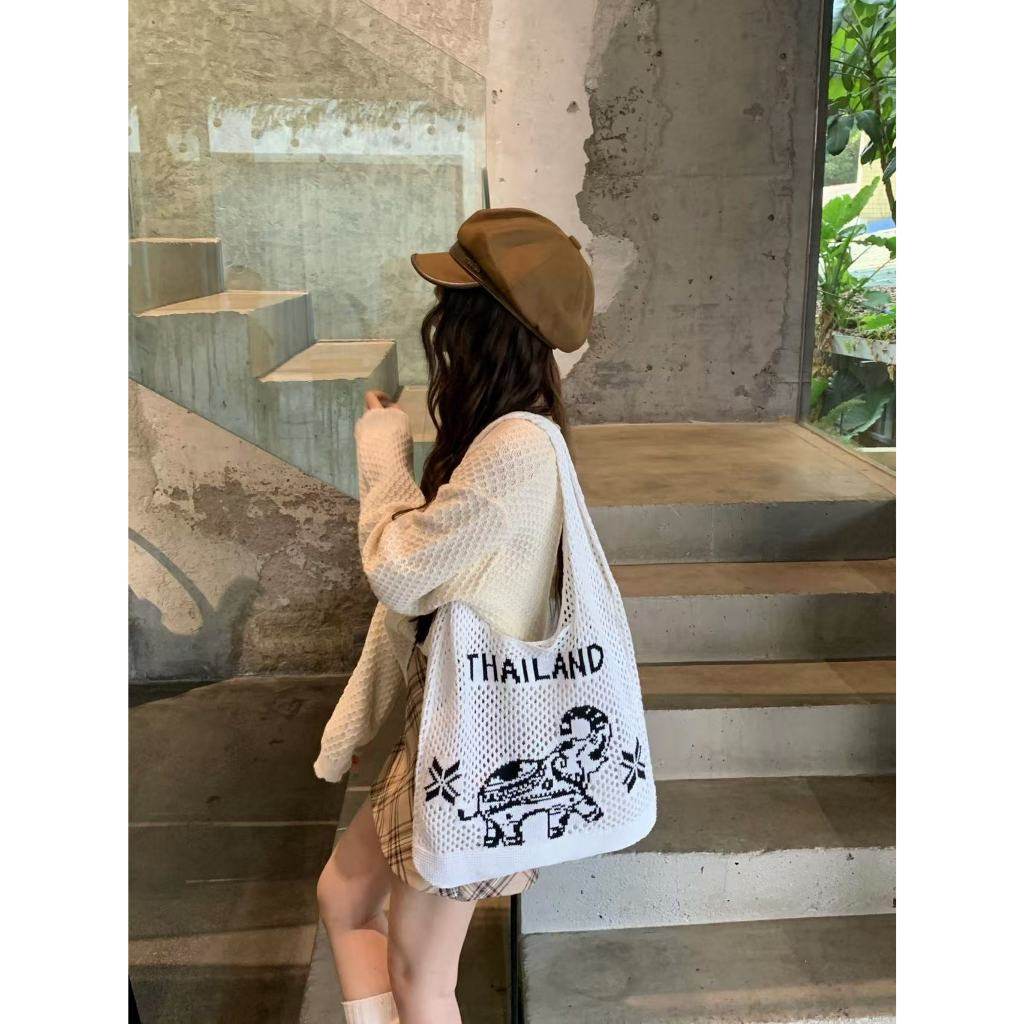 Elephant Pattern Woven Shoulder Bag – Handmade Cotton Rope Tote for Women | 38cm x 40cm with 30cm Strap One-Sake.com khaki white white off white-white off-khaki-