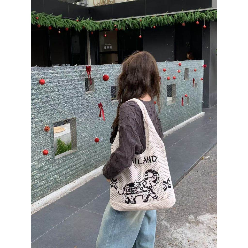 Elephant Pattern Woven Shoulder Bag – Handmade Cotton Rope Tote for Women | 38cm x 40cm with 30cm Strap One-Sake.com khaki white white off white-white off-khaki-