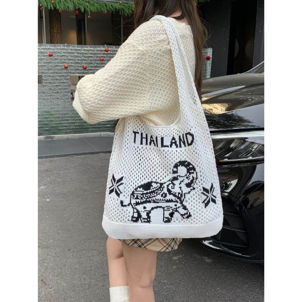 Elephant Pattern Woven Shoulder Bag – Handmade Cotton Rope Tote for Women | 38cm x 40cm with 30cm Strap One-Sake.com khaki white white off white-white off-khaki-