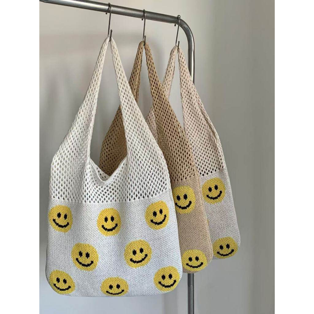 Smiley Face Crochet Bag – Colorful Handmade Shoulder Tote with 30cm Strap | Large Capacity Cotton Rope Bag 40cm Width One-Sake.com white khaki white off khaki-white off-white-