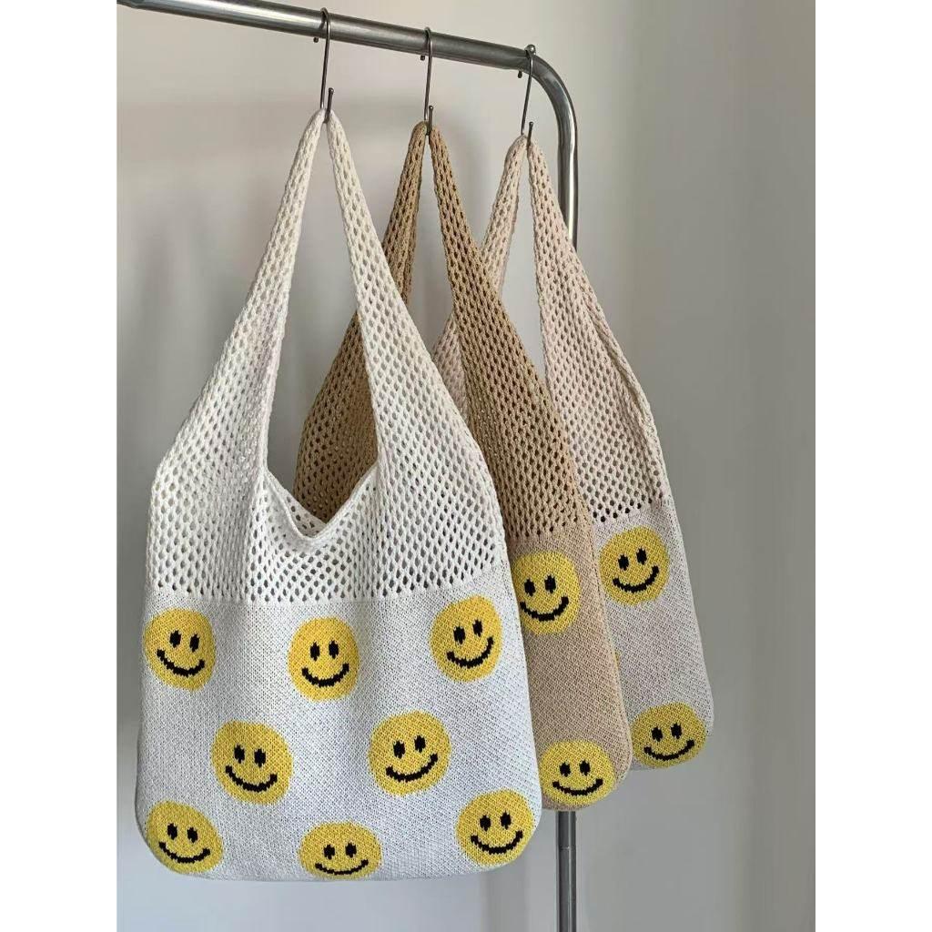 Smiley Face Crochet Bag – Colorful Handmade Cotton Rope Tote with 30cm Strap | Large Capacity 40cm Shoulder Bag