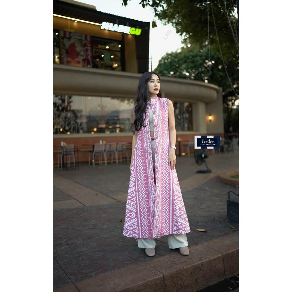 New Lisa Print Long Cotton Wrap Coat for Women – 3 Colors | Hand Wash Only | Sizes S–XL ชมพู