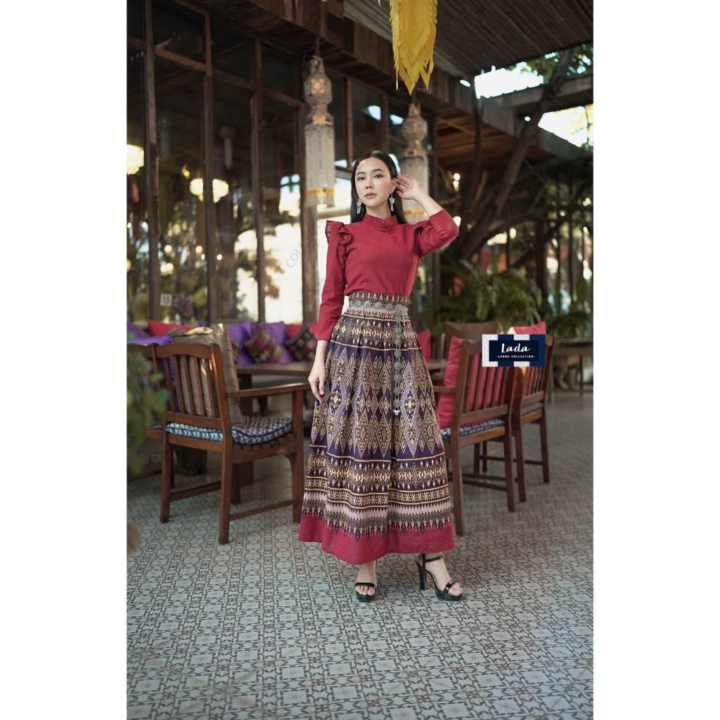 New Lanna Cotton Blouse and Skirt Set - Long Sleeve Blouse and Tie-Dye Pleated Skirt in 4 Colors