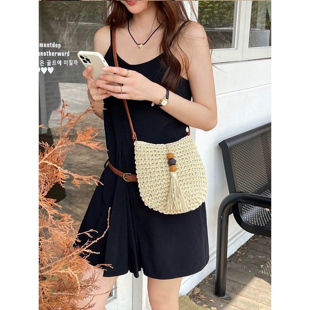 New Retro Tassel Woven Crossbody Bag for Women – Leather Strap &amp; Zip Closure | Cotton Rope Vintage Style Shoulder Bag 25cm Width One-Sake.com khaki white off khaki-white off-