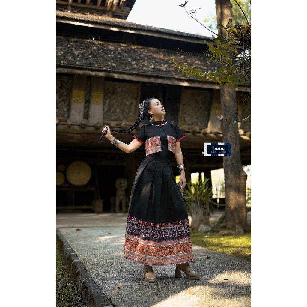 Hmong-Inspired Cotton Set - Stylish 2-Piece Wrap Top & Pleated Skirt for Women in S–XL Sizes
