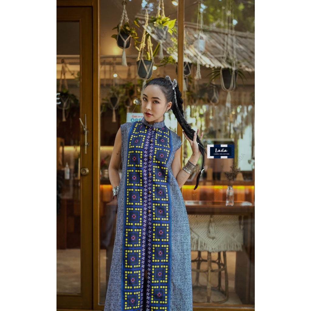 Elegant Long Cotton Cape with Red Mongtajik Pattern – Sleeveless Wrap Style for Women | Hand Wash Only One-Sake.com อก32-36 อก38-40 อก32-36-อก38-40-