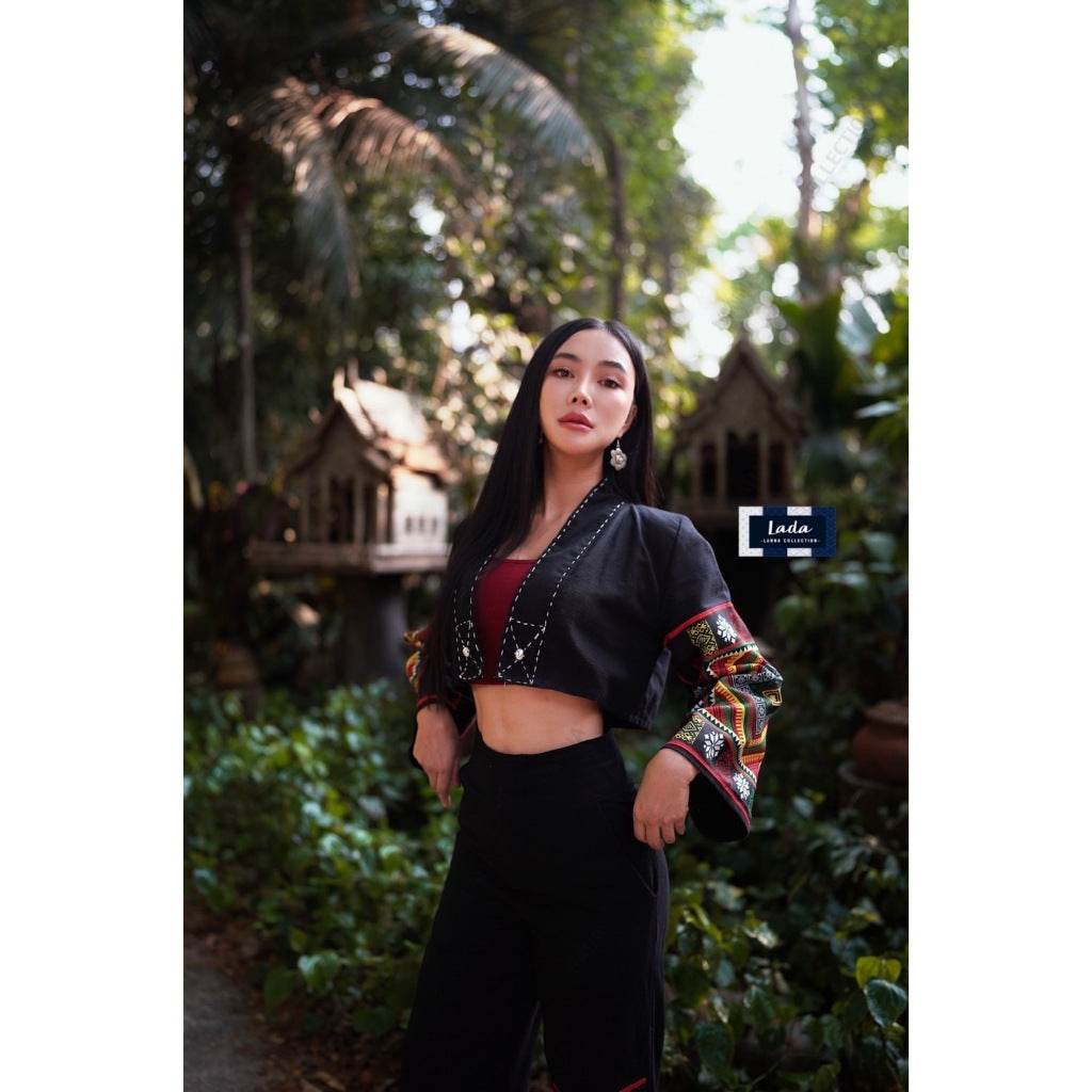 New Black Tai Print Poly Set – Wrap Top &amp; Wide-Leg Pants in Cream &amp; Black | Women’s Stylish Outfit for Daily Wear One-Sake.com ดำ / L ดำ / S ดำ / M ดำ / S-ดำ / M-ดำ / L-ดำ / XL-ครีม / S-ครีม / M-ครีม / L-ครีม / XL-