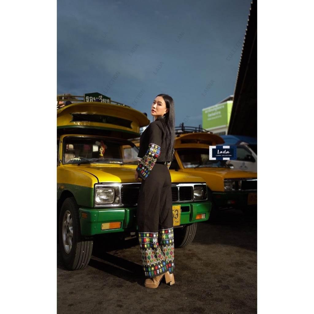 Mien Ethnic Print 2-Piece Set: Wrap Top & High-Waisted Pants in Cotton-Poly Blend for Women (S–XL)