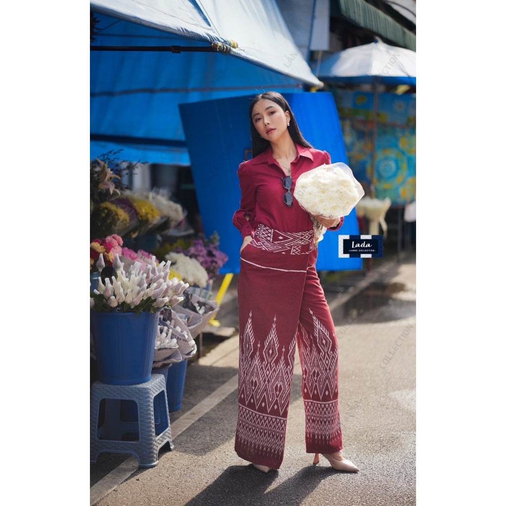 New Lisa Print Cotton Set – Long Sleeve Shirt &amp; Wide-Leg Pants in 3 Colors | S–XL Sizes for Women One-Sake.com กรม / L กรม / S กรม / M กรม / S-กรม / M-กรม / L-กรม / XL-แดง / S-แดง / M-แดง / L-แดง / XL-ม่วง / S-ม่วง / M-ม่วง / L-ม่วง / XL-